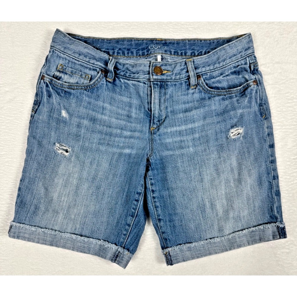 Ann Taylor LOFT Denim Shorts Womens Size 8 Blue Modern Distressed Cuffed Raw Hem